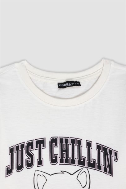 تيشيرت نص كم قصة عادية مطبوع برقبة مستديرة