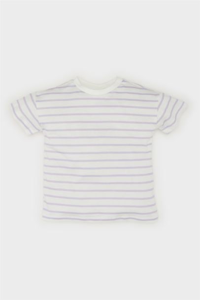 تيشيرت نص مخطط كم قصة عادية بياقة مستديرة