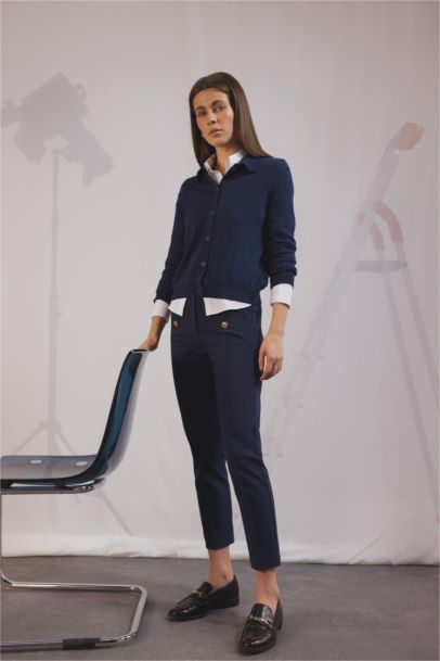 Skinny Fit Yüksek Bel Cepli Düğmeli Düz Paça Kumaş Pantolon