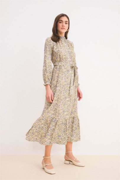 Crew Neck Printed Chiffon Dress