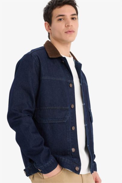 %100 Pamuk Slim Fit Dar Kesim Kontrast Yakalı Mevsimlik Baharlık Denim Ceket