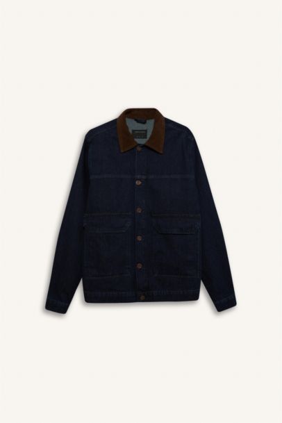 %100 Pamuk Slim Fit Dar Kesim Kontrast Yakalı Mevsimlik Baharlık Denim Ceket