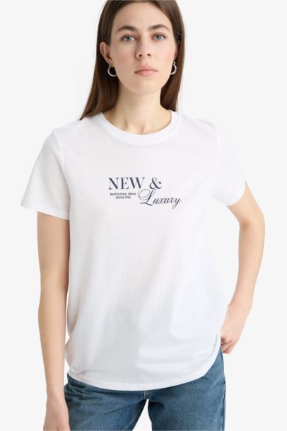 Relax Fit Crew Neck Slogan Printed Cotton T-Shirt