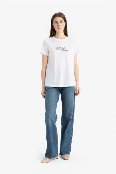 Relax Fit Crew Neck Slogan Printed Cotton T-Shirt