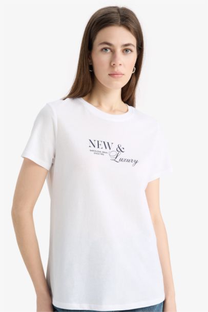 Relax Fit Crew Neck Slogan Printed Cotton T-Shirt