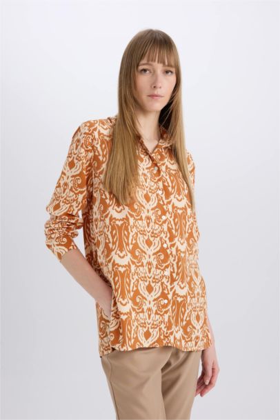 Oversize Fit Shirt Collar Printed Long Sleeve Tunic