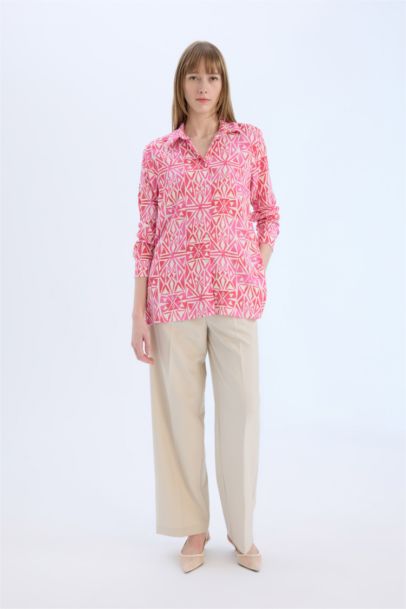 Oversize Fit Shirt Collar Printed Long Sleeve Tunic