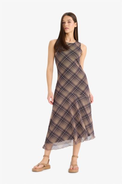 Asymmetrical Boat Neck Plaid Tulle Midi Dress