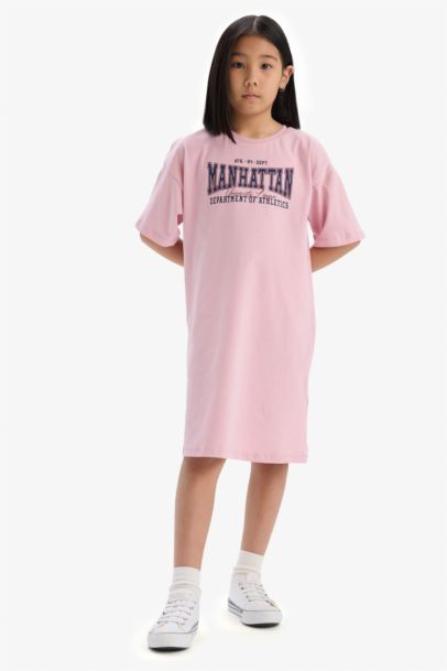 Girl Oversize Fit Crew Neck Printed Dress