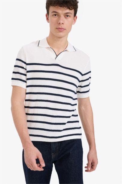 %100 Pamuk Standart Fit Polo Yaka Kısa Kollu Çizgili Tişört