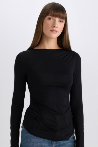 Slim Fit Dar Kesim Bisiklet Yaka Basic Düz Soft Touch Uzun Kollu Tişört