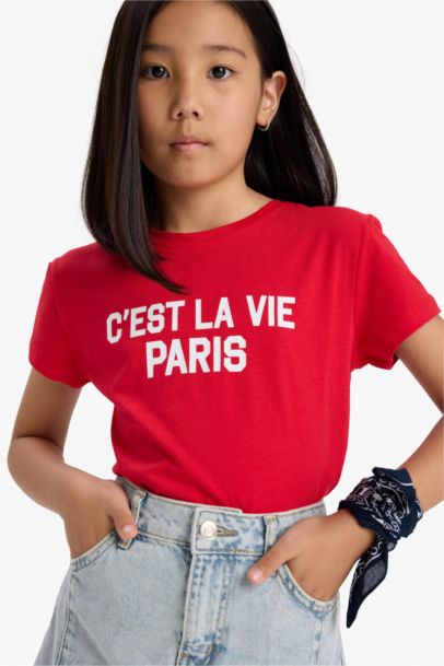 T-shirt imprimé à manches courtes et col rond pour fille