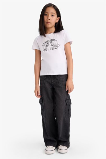 تيشيرت بناتي نص كم قصة عادية برقبة مستديرة