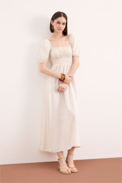 Square Collar Linen Blend Short Sleeve Midi Dress