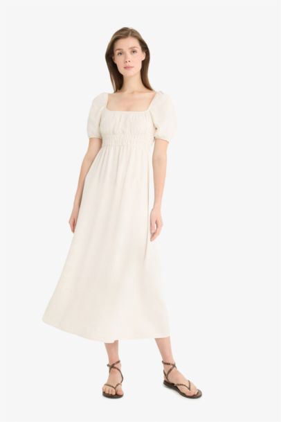 Square Collar Linen Blend Short Sleeve Midi Dress