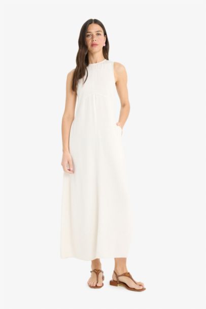 Crew Neck Linen Blend Sleeveless Maxi Dress