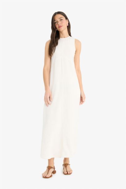 Crew Neck Linen Blend Sleeveless Maxi Dress