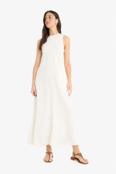 Crew Neck Linen Blend Sleeveless Maxi Dress