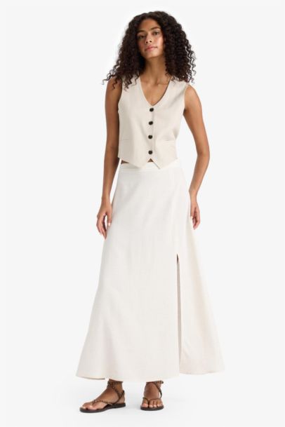 A Cut Regular Waist Linen Blend Maxi Skirt
