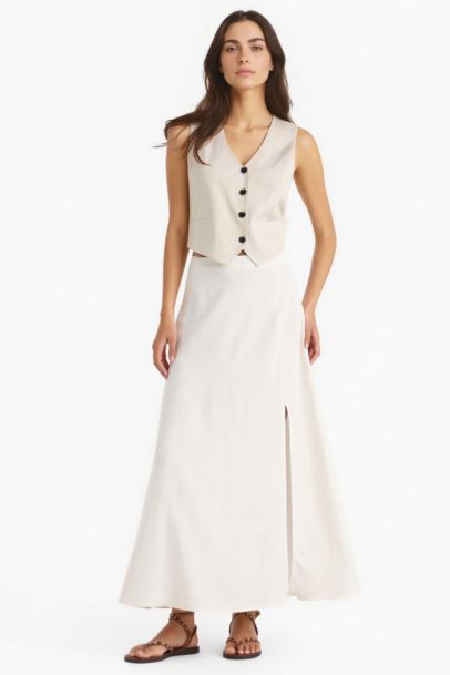 A Kesim Normal Bel Yırtmaçlı Keten Karışımlı Maxi Etek