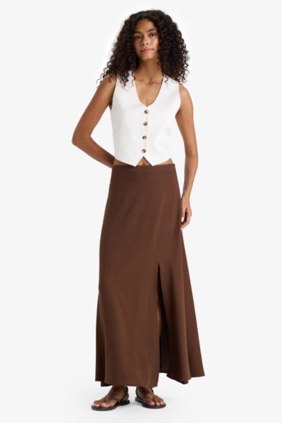 A Cut Linen Blended Normal Waist Maxi Skirt
