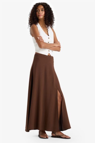 A Cut Linen Blended Normal Waist Maxi Skirt