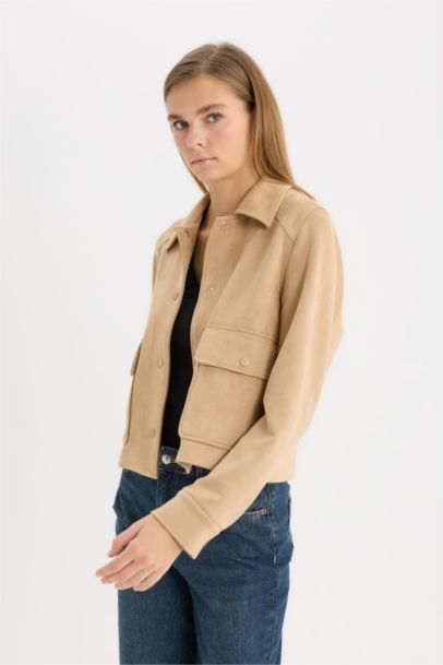 Regular Fit Polo Yaka Cepli Basic Düz Süet Ceket Mont