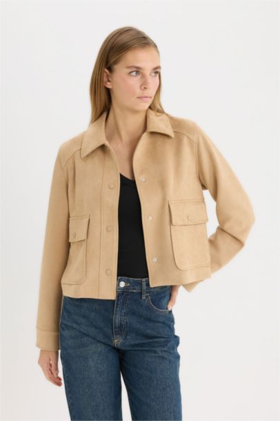 Regular Fit Polo Yaka Cepli Basic Düz Süet Ceket Mont