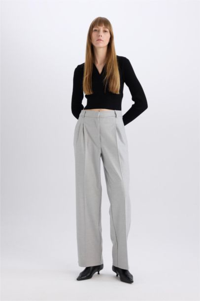 High Waist Straight Leg Darted Flannel Wide Leg Trousers