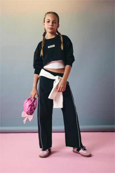 Wide Leg Esnek Bantlı Paça Paraşüt Pantolon Kız Çocuk