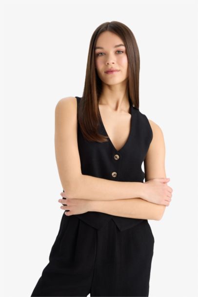 V-Neck Linen Blend Blazer Vest