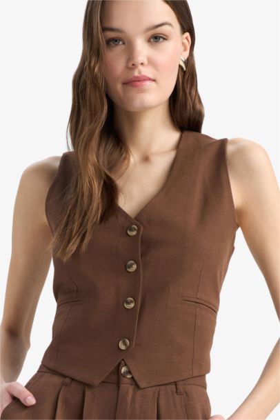 V-Neck Linen Blend Blazer Vest