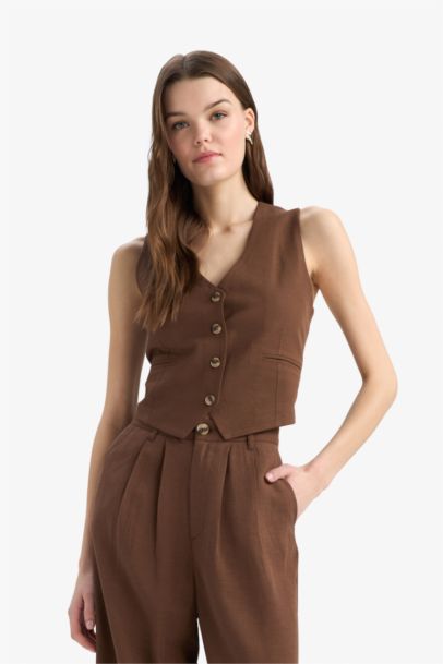 V-Neck Linen Blend Blazer Vest