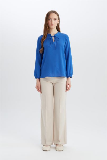 Crochet Neck Basic Long Sleeve Blouse