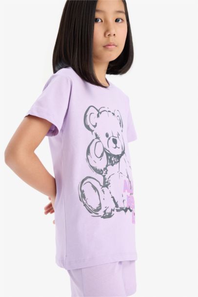 %100 Pamuklu Ayıcık Baskılı Beli Lastikli Pijama Takımı Kız Çocuk