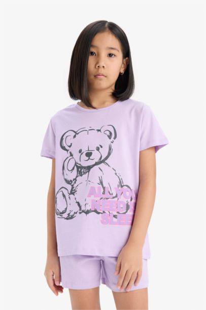 %100 Pamuklu Ayıcık Baskılı Beli Lastikli Pijama Takımı Kız Çocuk