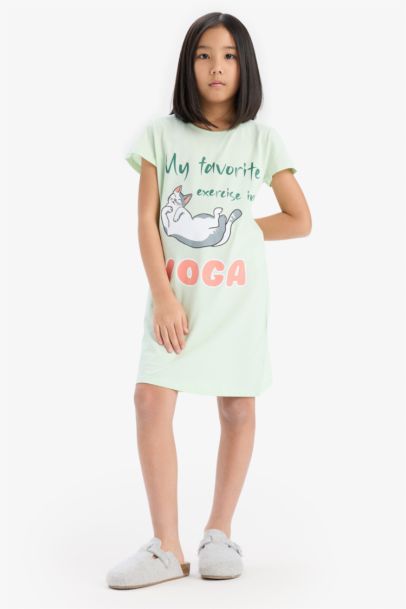 %100 Pamuklu Kedi Baskılı Gecelik Kız Çocuk