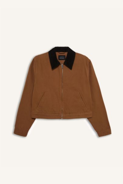 %100 Pamuk Regular Fıt Kontrast Yakalı Fermuarlı Cepli Ceket Mont