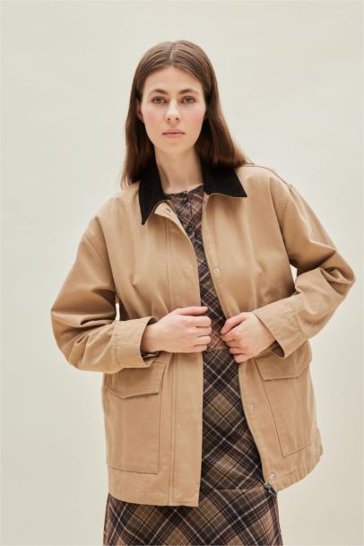 %100 Pamuk Regular Fıt Kontrast Yakalı Cepli Mevsimlik Ceket Mont