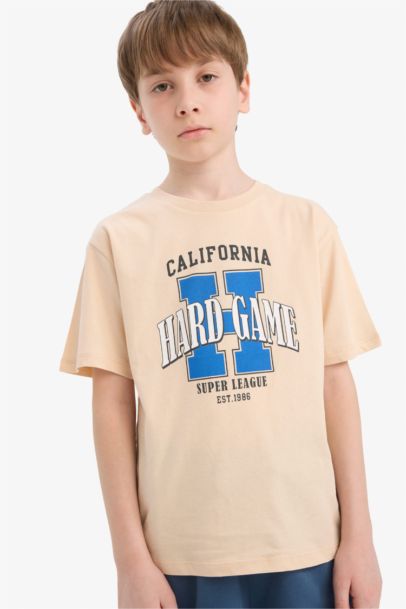 تيشيرت نص كم مطبوعة قصة عادية بياقة مستديرة