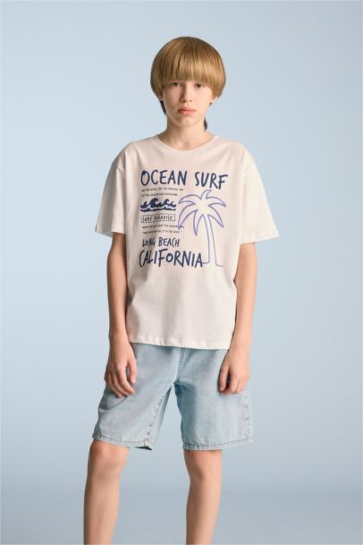 Bisiklet Yaka Baskılı Kısa Kollu Tişört Erkek Çocuk