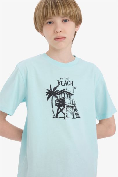 تيشيرت نص كم أولادي أزرق مطبوع قصة عادية برقبة مستديرة