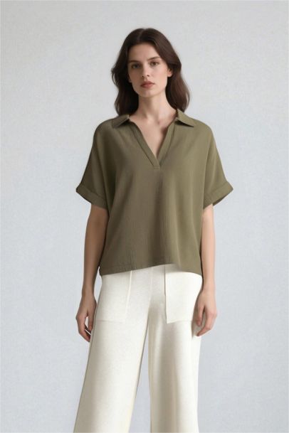 Regular Fit Flap Collar Short Sleeve Blouse