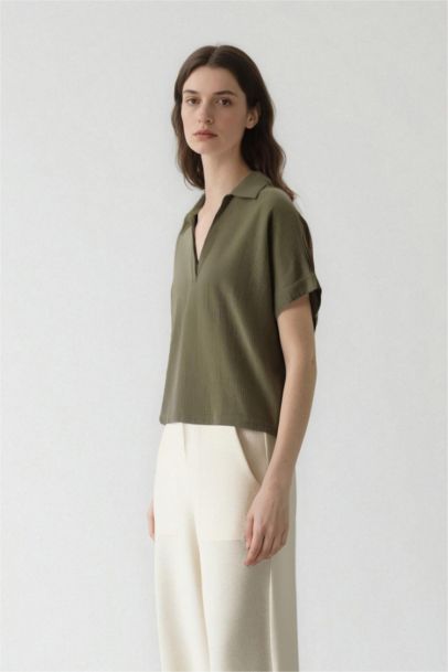 Regular Fit Flap Collar Short Sleeve Blouse