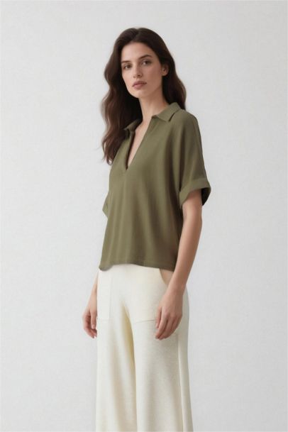 Regular Fit Flap Collar Short Sleeve Blouse
