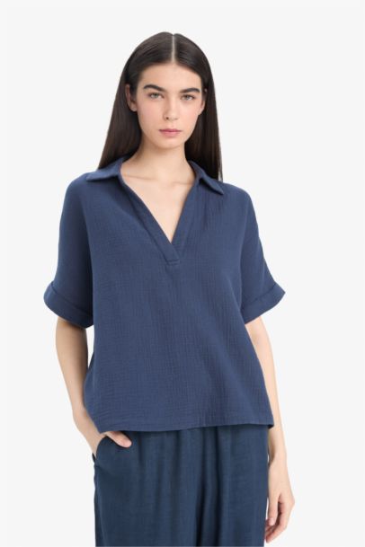 Blouse en mousseline à manches courtes Coupe régulière