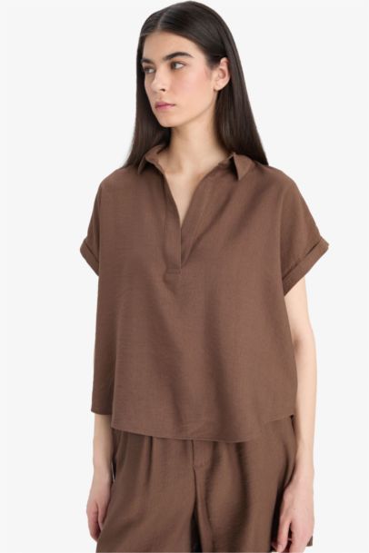 Regular Fit Shirt Collar Short Sleeve Blouse