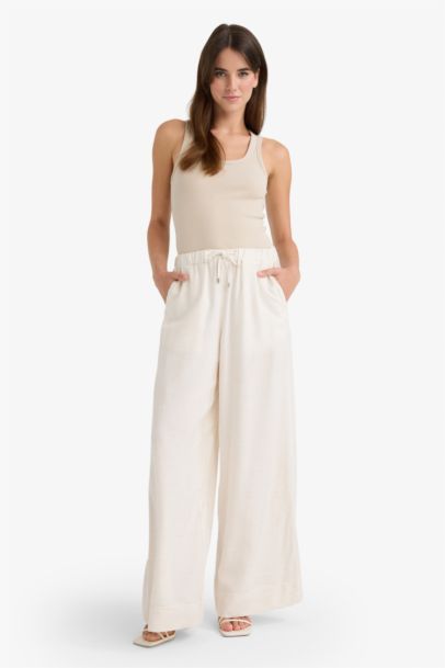 Wide Leg Linen Blend High Waist Trousers