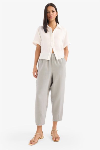 Tapered Fit High Waist Muslin Trousers