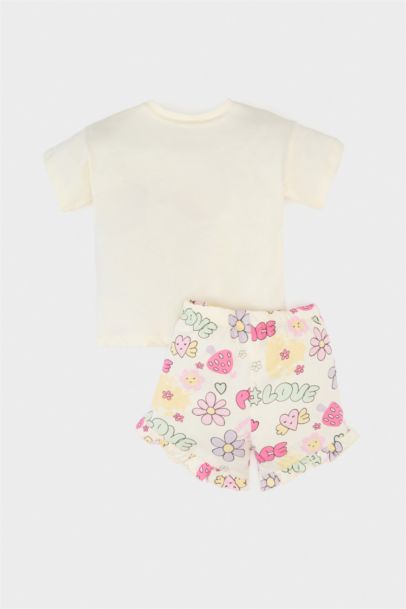 2'li Takım Baskılı Kısa Kollu Tişört Beli Lastikli Desenli Şort Kız Bebek